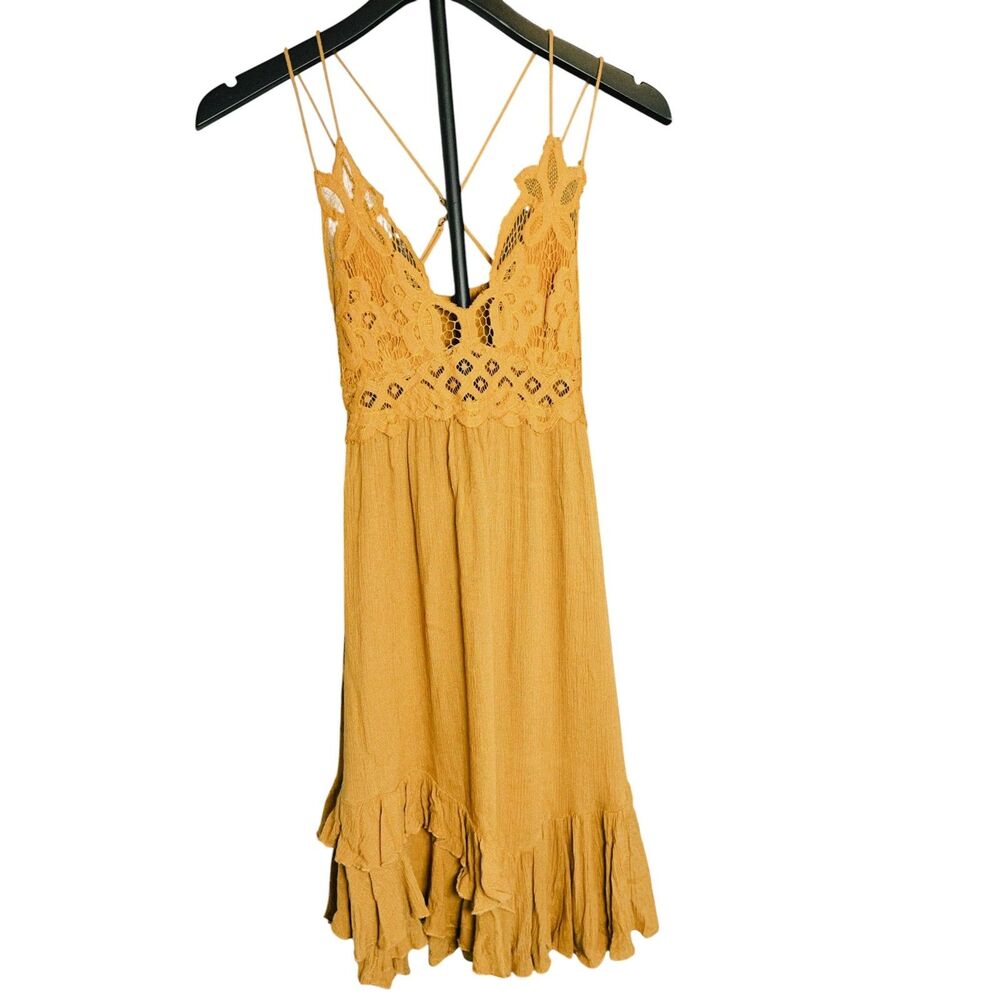 FP One Mustard Lace Crochet Boho Mini Dress Strappy Crinkle Small S Festival